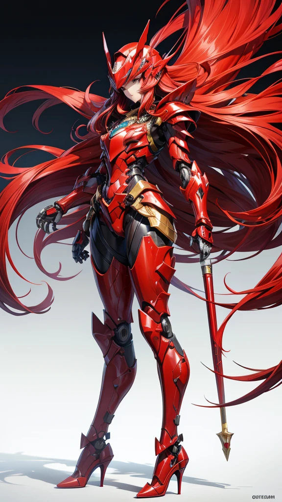 Red long hair female mecha，Face，helmet，Full body red armor，mechanical joint，Chest，fit，Thin legs，high heels，front