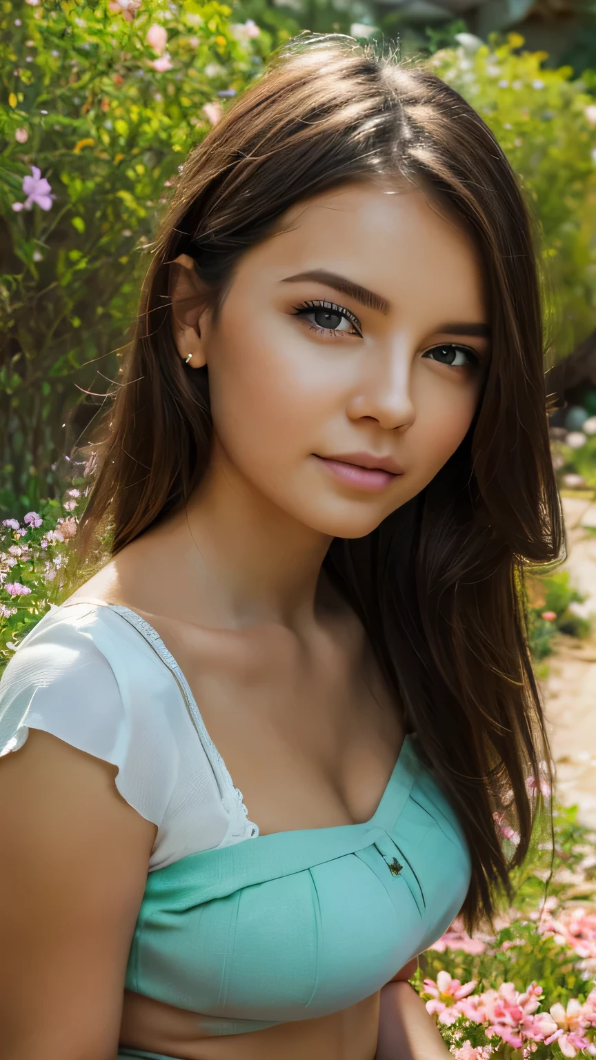 Pixel Art Generates beautiful and serene garden images, With colorful flowers, Gentle creek, and the sounds of nature. Showing calm, Life, And the beauty of a perfect day. {high quality}, Octane Rendering, Ultra HD, Depth of written boundary, amazing, Cinematic,One girl, Cute Face, alone, feiyufu, masterpiece, 最high quality, high quality, High resolution, Big Tits, ((Face close-up)), ((Pastel green short skirt))、((White shirt)), ((White panties))