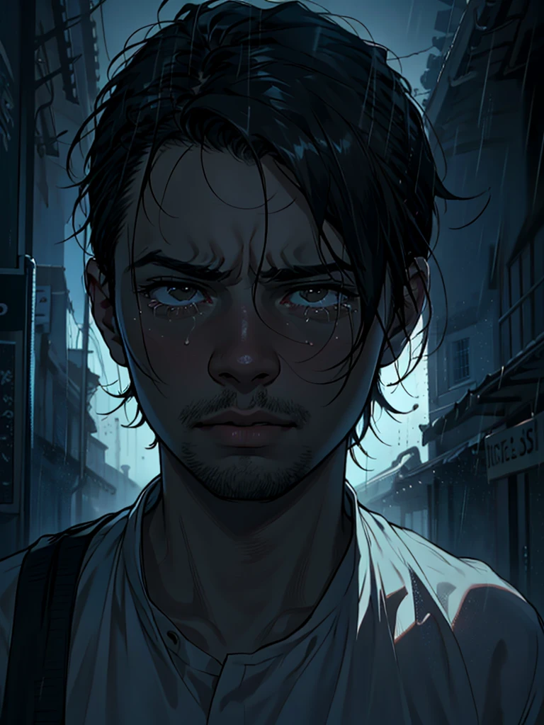 a guy with short black hair, weeping, holding a headache and crying, masterpiece, downpour, extremely detailed, highly realistic, cinematic lighting, moody atmosphere, dramatic shadows, muted color palette, somber tones, melancholic expression, emotional portrait, photorealistic, 4k, best quality