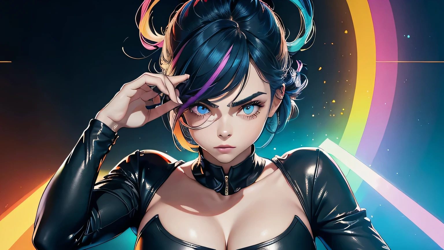 4k, A high resolution, Best quality at best, Obra de arte, cores perfeitas, sombra perfeita, Roupa perfeita, ((retrato esportivo)), 1 mulher, corpo em forma, Heterochromatic eyes,rosto de perto, cabelo azul escuro , olhos azuis, Com lentes redondas, The audience watched attentively, (cara: 1.2), figura feminina perfeita, ((dynamic pose em pé)), ((rainbow colored tight cropped top, meio peito, terno de couro colorido)), ((shy and looking at the viewer)), (Sobrancelhas brancas grossas e perfeitas) Pele delicada, Detailed cara, it's the perfect face, , (dynamic pose), fundo abstrato ciberpunk, ((Bonifasko Lighting)), (As lentes redondas em seus olhos)(olhos detalhados), Aluno perfeito, ((rosto de perto))
