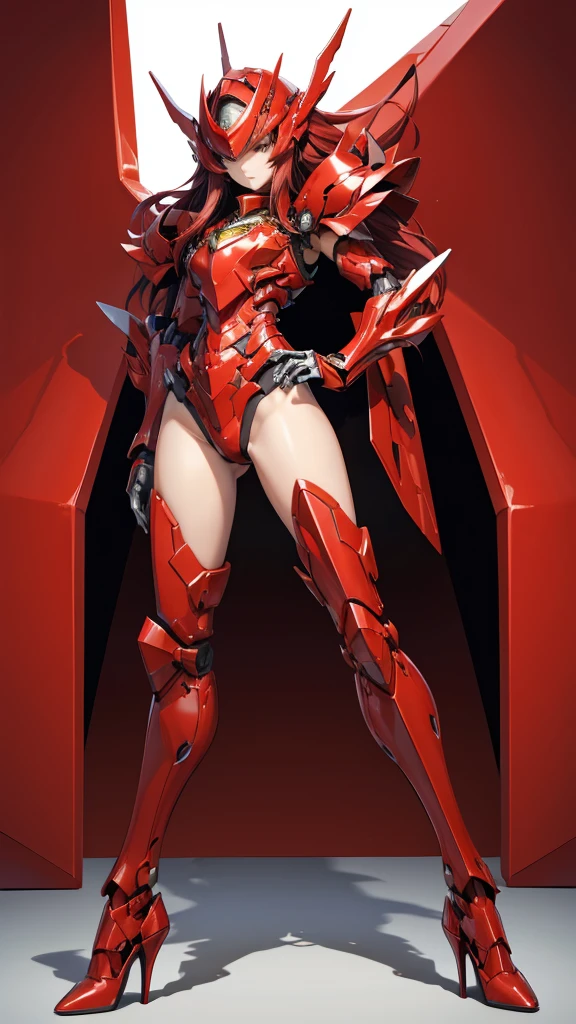 Red long hair female mecha,Face,helmet,Full body red armor,mechanical joint,Chest,fit,Thin legs,high heels,front