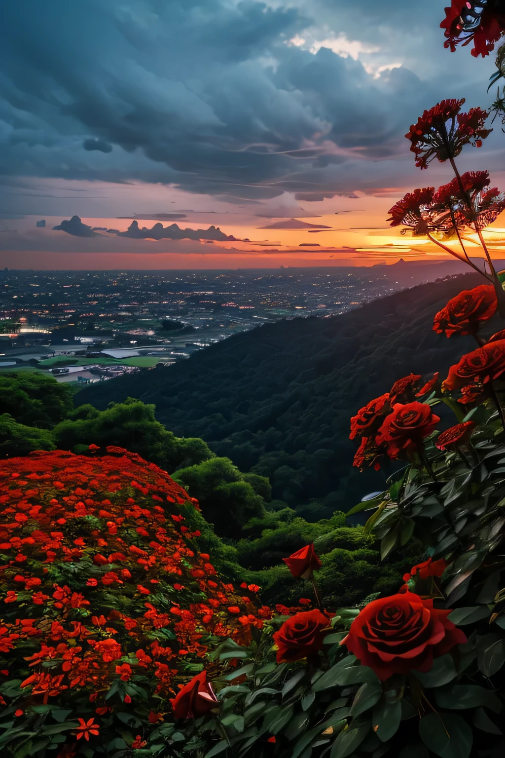 Sunset view from a high place. With rain falling. And red spider lily roses