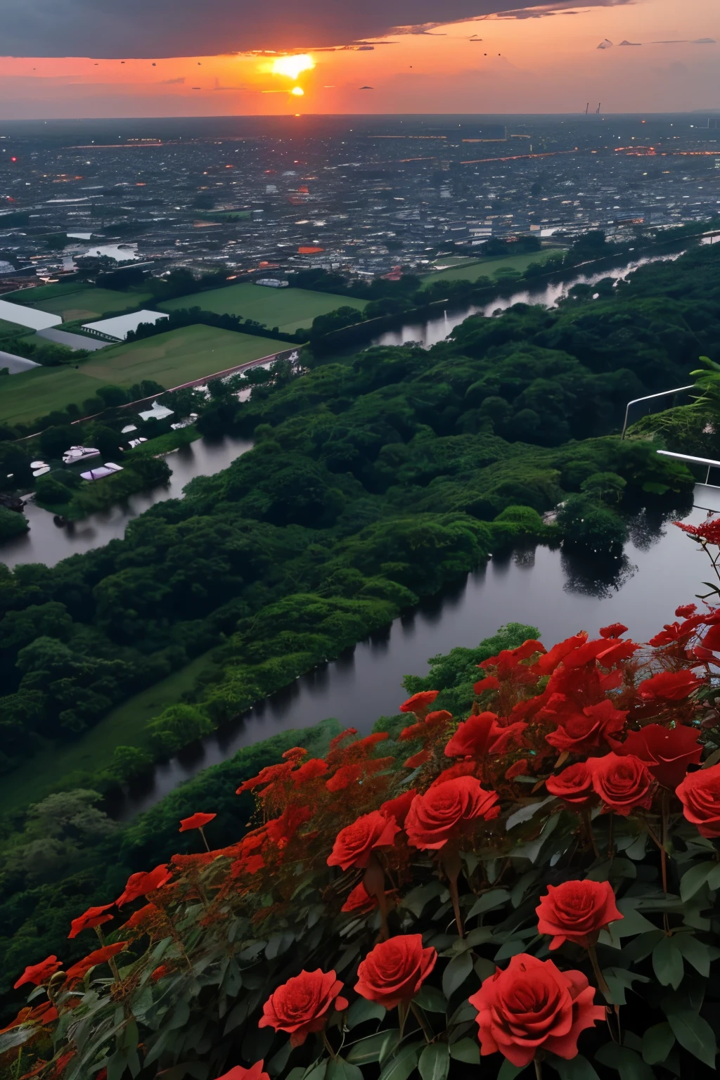 Sunset view from a high place. With rain falling. And red spider lily roses 