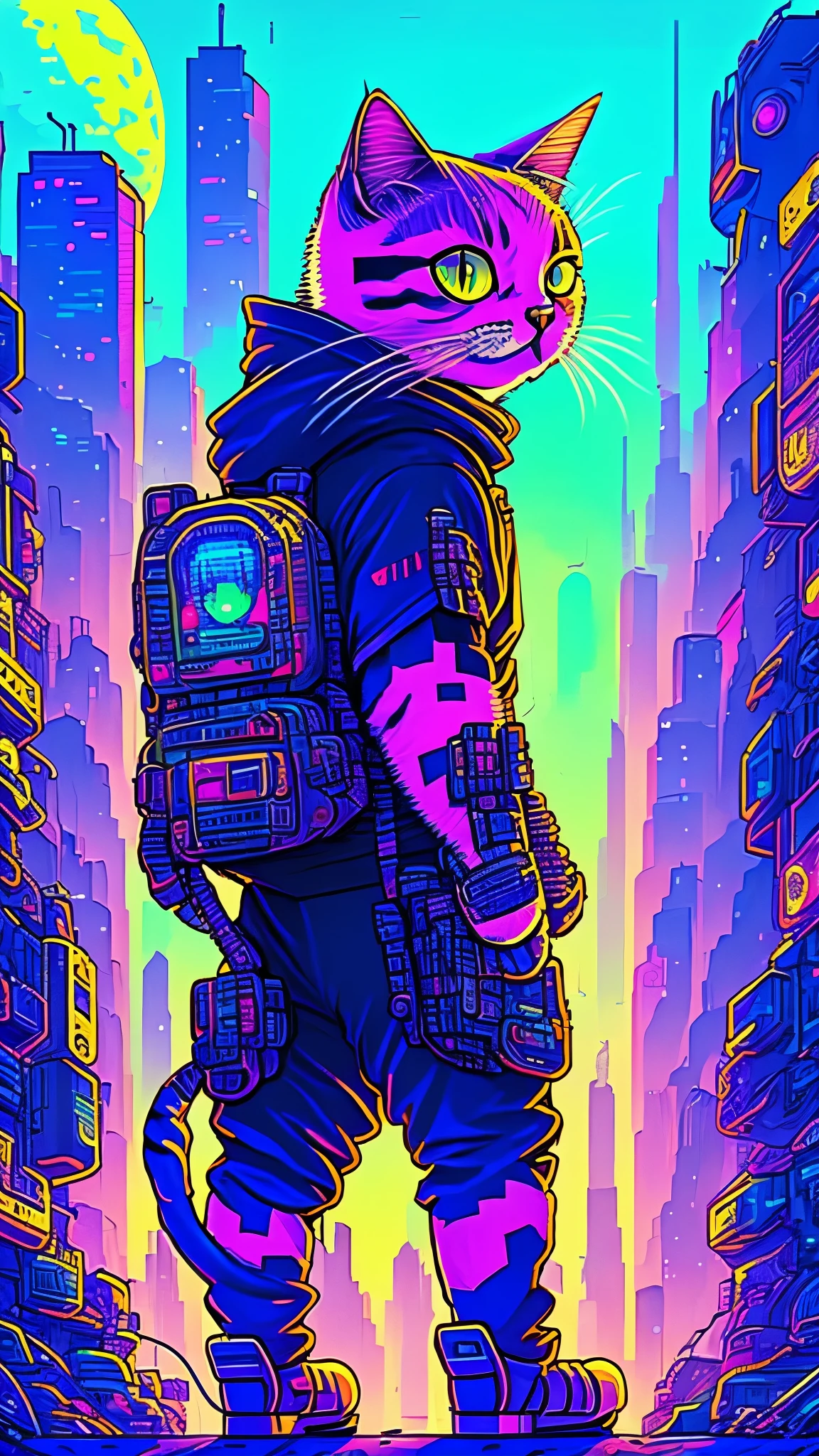 [pixel art], an adorable cat in a futuristic cyberpunk urban setting, colorful and dynamic, pixel art, ultra-detailed, ultrahd, colorful, thin lines, nft style,