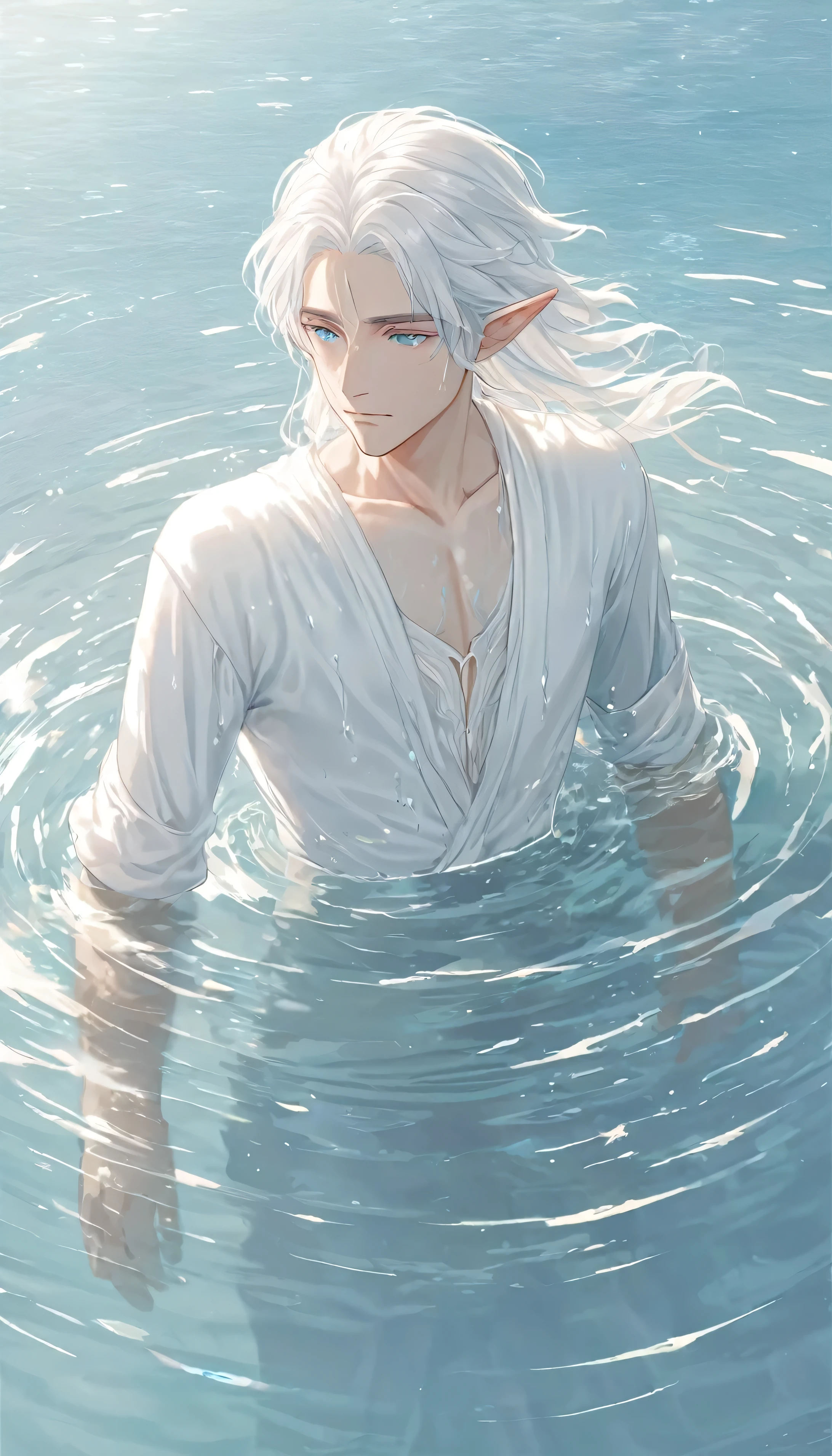 Anime-style male elf character in water, (long white hair:1.2), (gentle expression:1.1), blue eyes, white outfit noble, (rippling water effect around body:1.3), sunlight reflecting on water, clear sky, subtle water splashes, high-resolution digital art, soft color palette, tranquil atmosphere, (serene ocean background:1.1), realistic water texture