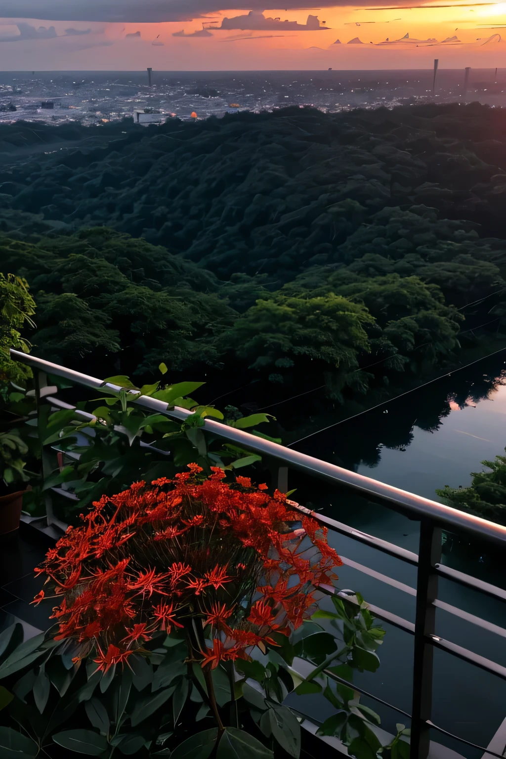 Sunset view from a high place. With rain falling. And red spider lily roses