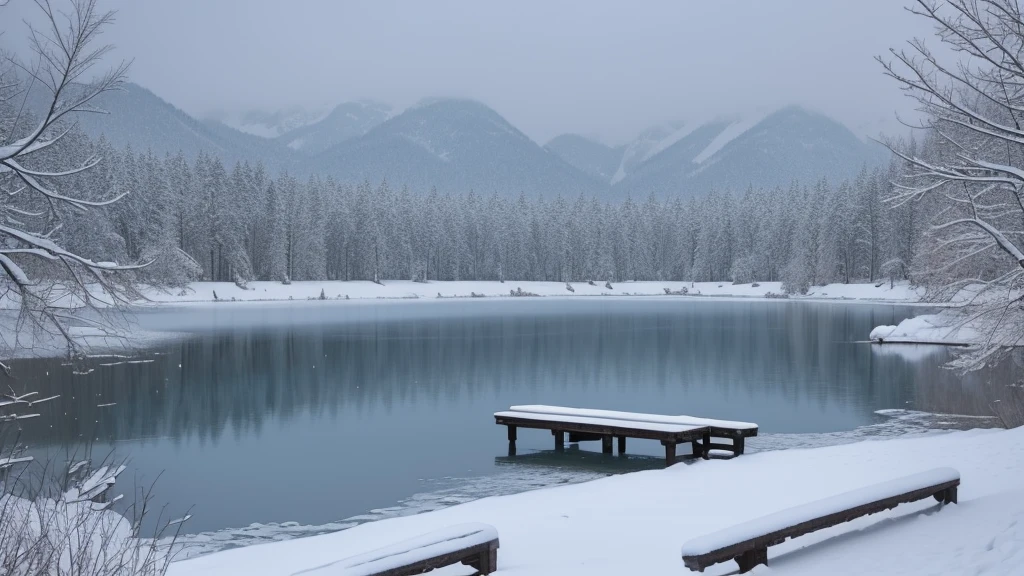 snow scene of a lake with a dock and a few benches, A painting inspired by Li Keran, flickr, realism, Snowfall period, Cold but beautiful, Winter lake scenery, Beautiful winter area, ice snow lake setting, snow, Pale as the first snow of winter, beautiful snow landscape, snow, The trees bend the river, Frozen Lake
