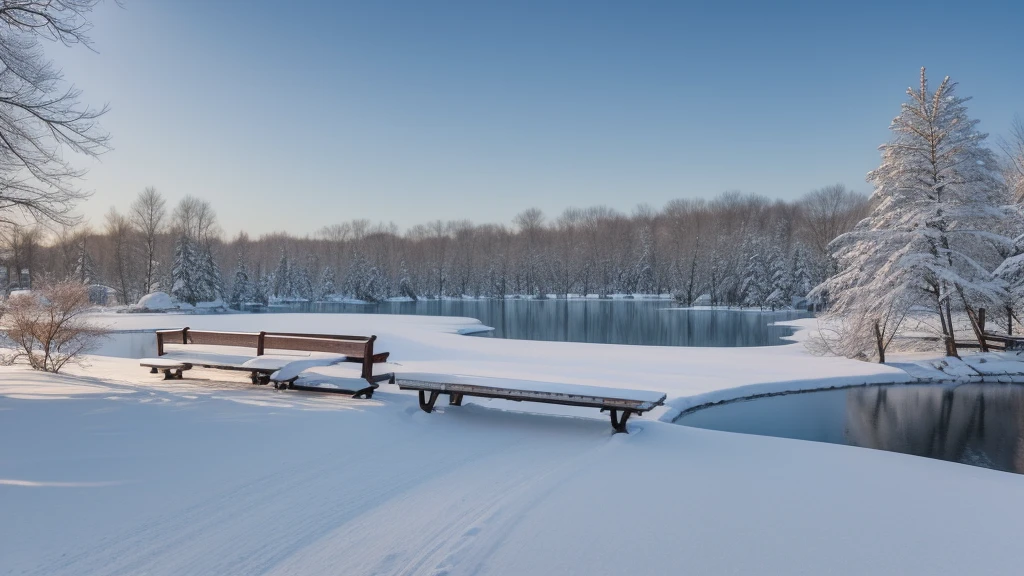 snow scene of a lake with a dock and a few benches, A painting inspired by Li Keran, flickr, realism, Snowfall period, Cold but beautiful, Winter lake scenery, Beautiful winter area, ice snow lake setting, snow, Pale as the first snow of winter, beautiful snow landscape, snow, The trees bend the river, Frozen Lake