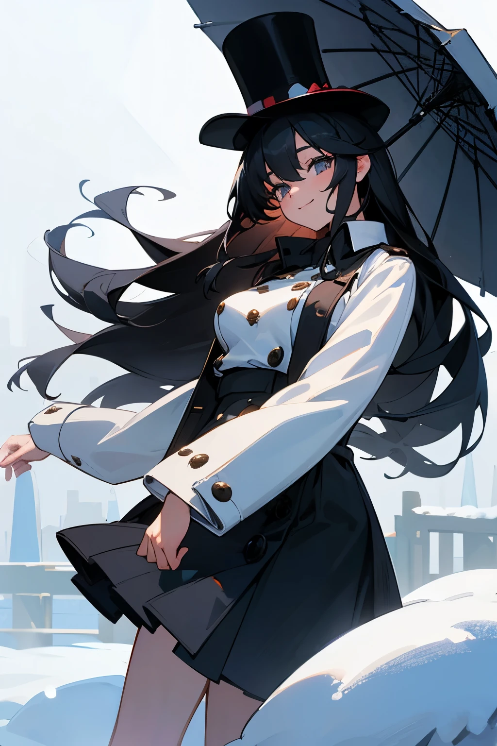 solo girl, 20 years old, long hair, black hair, geay eyes, medium breast, happy,pea coat,Top Hat,fluffy scarf,maxi skirt ,outdoors, winter,snow, Best Quality, High resolution, Extremely detailed, Detailed background, Perfect Lighting