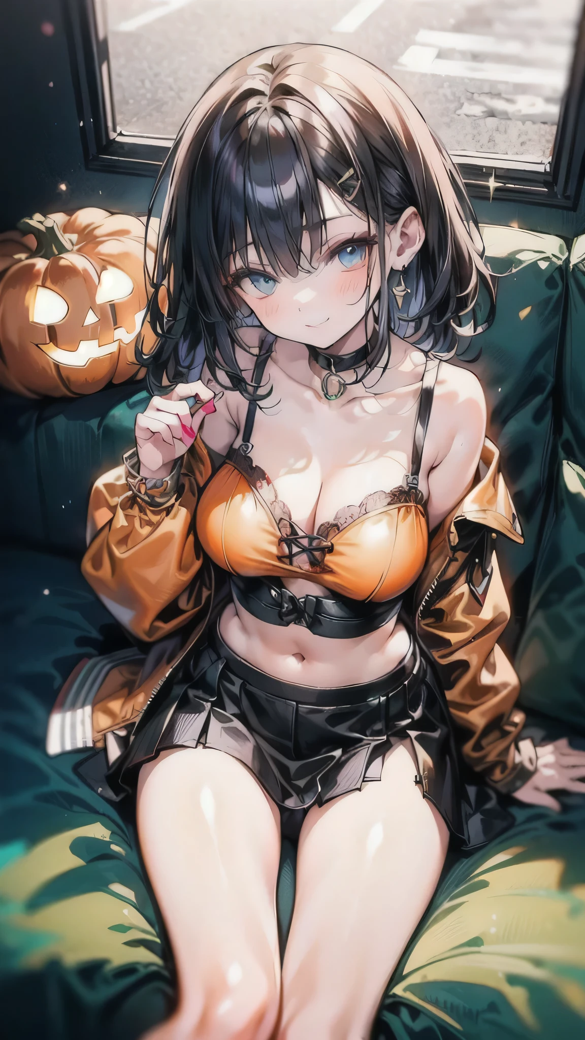 (Best quality, 8k, 32k, Masterpiece, UHD,:1.2),RAW, 1girl,ultra cute , natural lighting,transparent shining eyes, 18yo ,fair complexion ,flushed face,,blue eyes、Sexy Pumpkin Spice Ensemble, A form-fitting, off-the-shoulder crop top in a deep, ((burnt orange color)), The top features long sleeves with ruffled cuffs and a sweetheart neckline that accentuates the collarbone, BREAK, High-waisted, black faux leather mini skirt with a lace-up front detail,BREAR, The top has a subtle pumpkin spice scent embedded in the fabric , The skirt has a slight sheen, a matching Black clutch, 