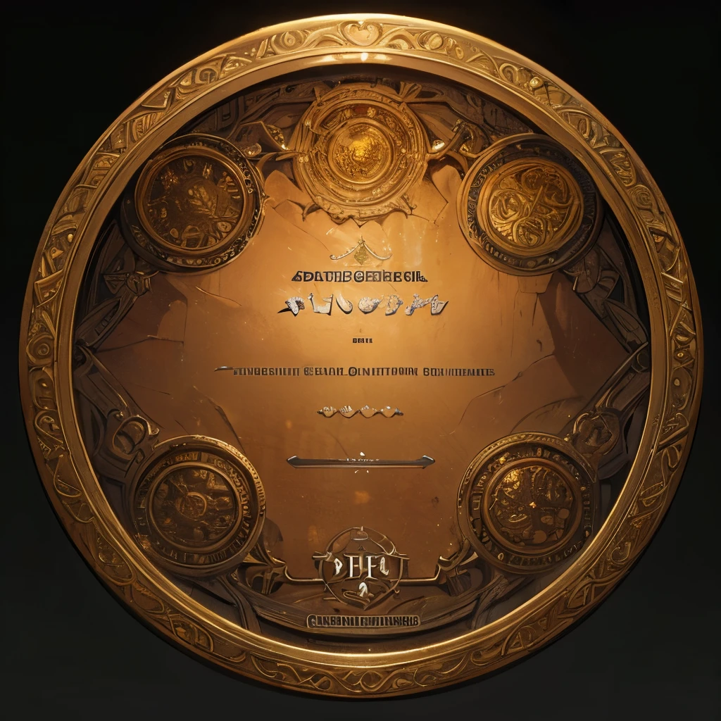 a digital medieval fantasy menu interface, elegant ornate gold frame, intricate detailed patterns, ornate flourishes, highly detailed, 8k, masterpiece, photorealistic, concept art, dark moody lighting, dramatic chiaroscuro, rich deep colors, warm tones