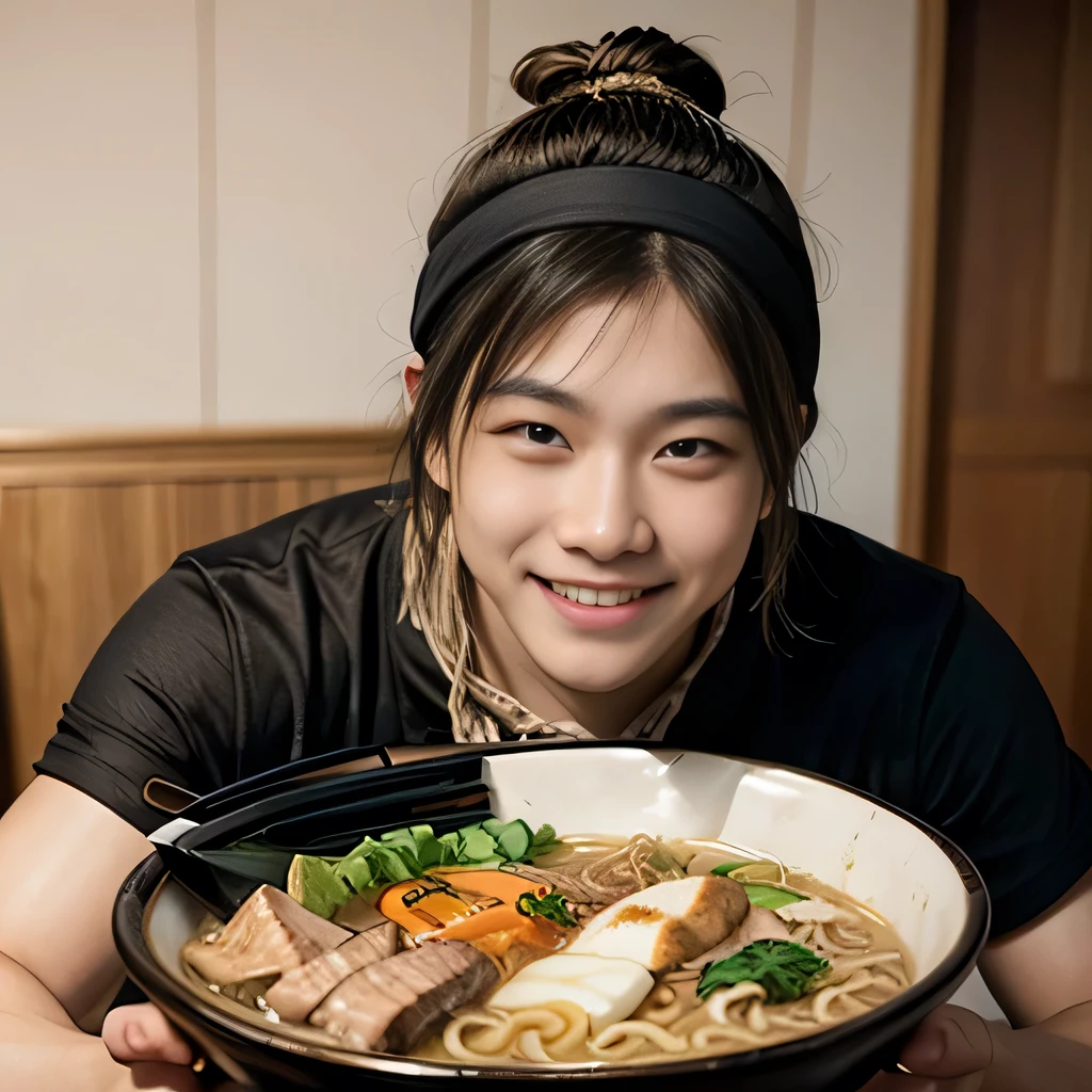 8K, ultra detailed, (realistic:1.2), masterpiece, 40yo, (ramen:1.4), BREAK, A man wearing a black shirts and a white bandana on his head, (muscular, fat:1.0), BREAK Ramen restaurant kitchen,(smile:1.3), BREAK (ramen is nearly by the man:1.4)
