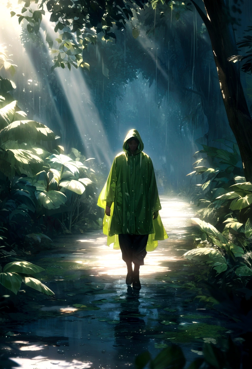 a man walking in a tropical forest, detailed raincoat with hoodie, lush greenery, rays of sunlight, glistening leaves, puddles on ground, humid atmosphere, wildlife sounds, dramatic lighting, cinematic composition