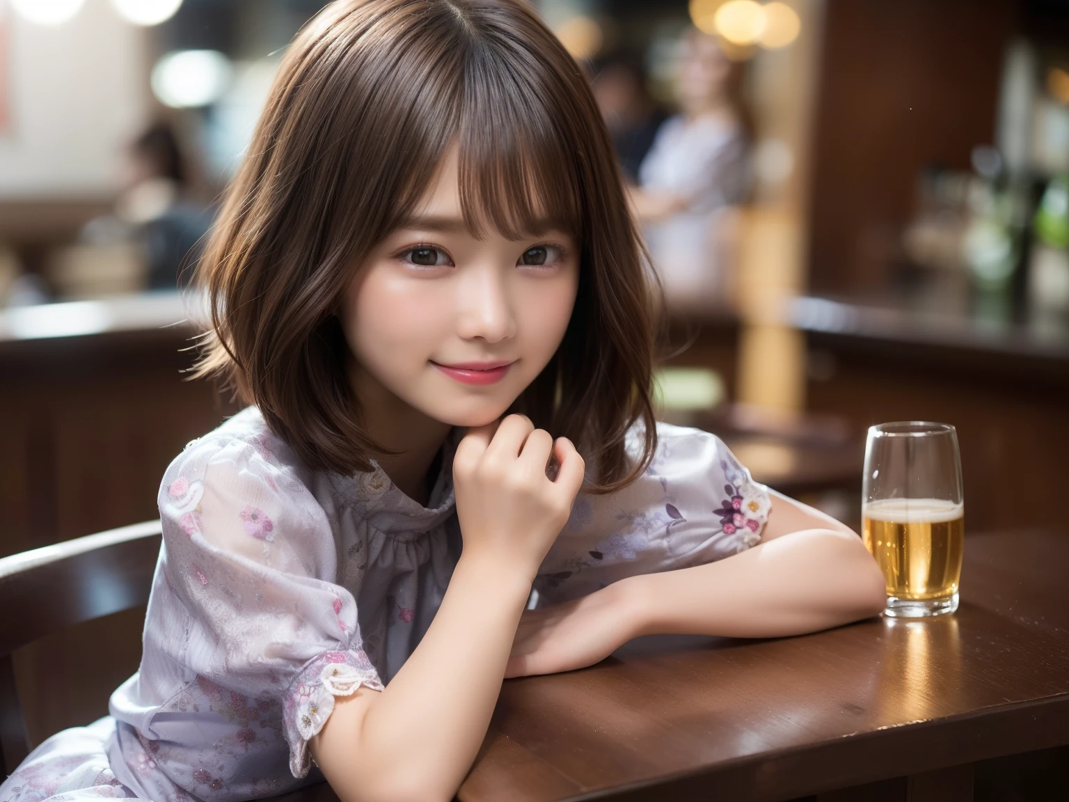 Ultra HD,((8K)),(1 Female:1.2 Beautiful and natural、High quality texture, Intricate details, Fine texture, High Detail, Highly detailed CG, High Quality Shadows, Realistic facial expressions, Beautiful and delicate face down to the last detail, Beautiful and delicate eyes, Brown pupil, A perfectly balanced face, Depth of written boundary, Cinematic Light, Lens flare, Ray Tracing,perspective, (Big eyes:1.2),Blushing cheeks, Perfect body,(Dutch Angle,Excellent anatomy,, elegant, ((Bright colors,)) 、Waist、Small Mouth、((Silk-colored clothes))、((bar))、((furubody))、((15 years old))、(very short hair/extra short),(night)、night景、(Ultra short hair)、((Berry Short))、(Straight bangs)、(Large Breasts)、((Mini dress short sleeve))、(smile)、((Shiny clothes))、((Floral clothes))、((Single))、((one person))、Full Body Shot,