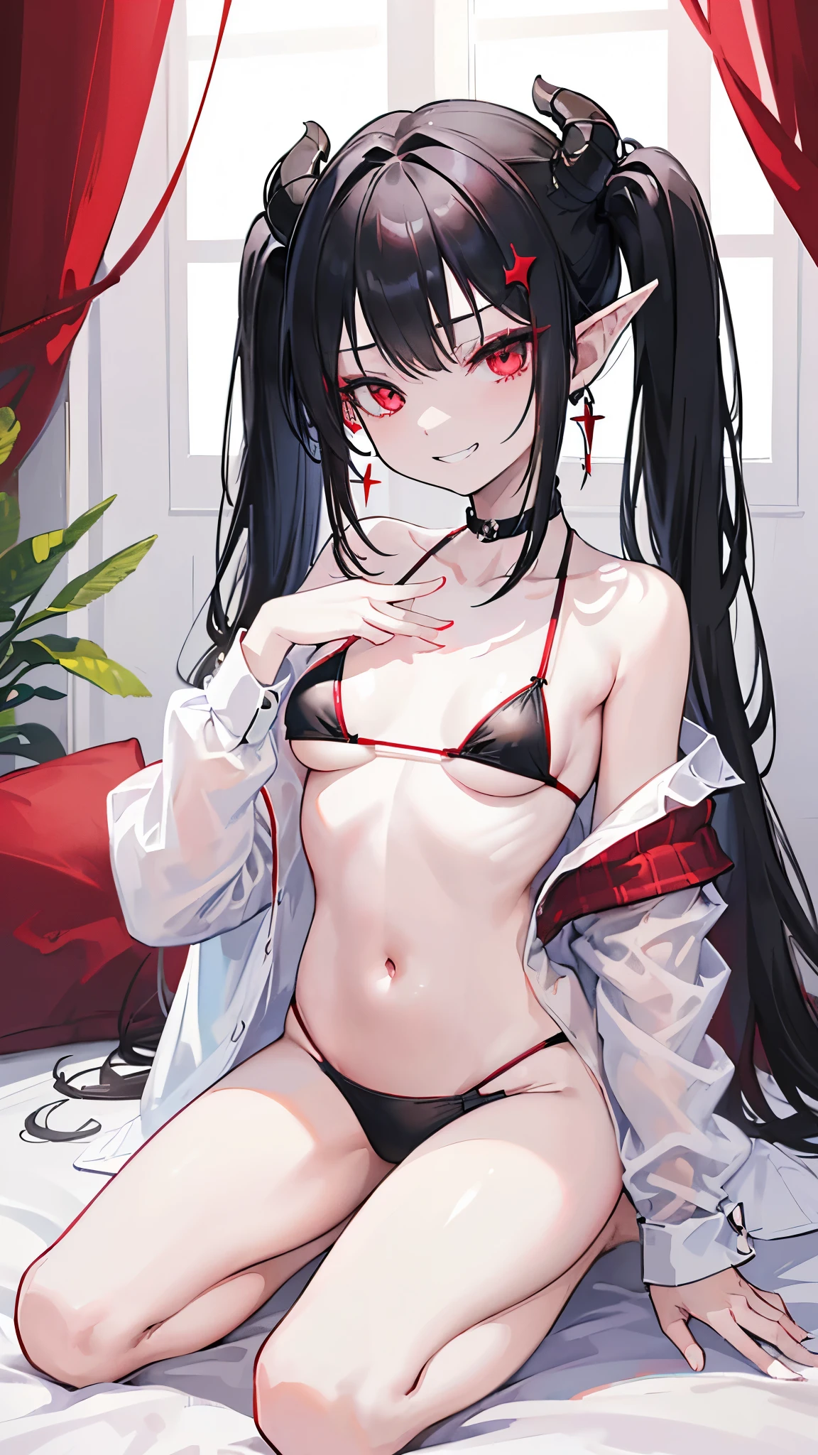 ((masterpiece、highest quality、Very detailed))、One Girl、Black Hair、Medium Hair、((twintails))、Red eyes、Earrings、Pointed Ears、Devil horns、evil smile、((Grin))、Small breasts、((White shirt))、((open clothes:1.3))、((Open shirt))、((black bikini))、((kneeling))、、On the bed、((dim))、Shadow、Bedroom Background