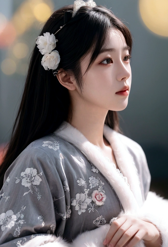 Realistic portrait, Official Art, Unity 8k wallpaper, super detailed, beautiful, beautiful Asian girl, focused on detailed face, has a little to no darkspots, wearing black clothing, facing camera and looking at camera, 3/4 angle, masterpiece, best quality, dark, atmospheric, mystical, romantic, creepy, literature, art, fashion, show era, decoration, intricacies, fur products, lace, contemplation, emotional depth, supernatural, kimono 1girl, solo, neck, bust composition, Realistic, bokeh, lens_flare,Natural light,portrait,Grey Film filter,(KODAK Ektar 100:1.2)