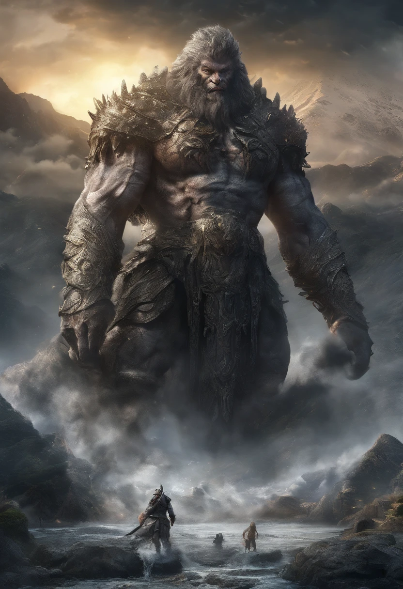 best quality,masterpiece,Ultra-high resolution,valley,Classic of Mountains and Seas,Holy beast huge basalt,Powerful and domineering，walk,night,Starry Sky,A warrior stands in front,