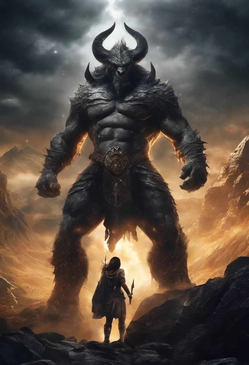best quality,masterpiece,Ultra-high resolution,valley,Classic of Mountains and Seas,Holy beast huge basalt,Powerful and domineering，walk,night,Starry Sky,A warrior stands in front,
