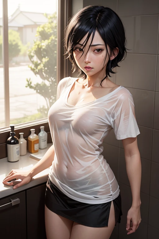 Female rukia kuchiki black hair naked body wet hair and body under short sleeve t shirt kitchen shower house background bleach character anime series human 