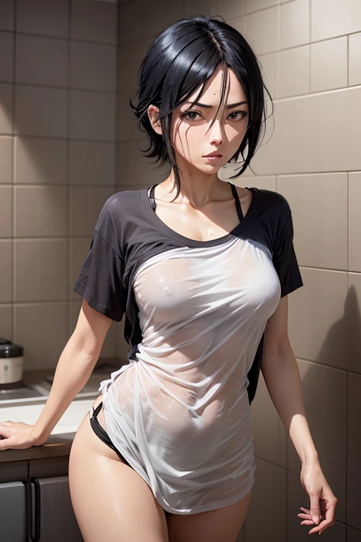 Female rukia kuchiki black hair naked body wet hair and body under short sleeve t shirt kitchen shower house background bleach character anime series human