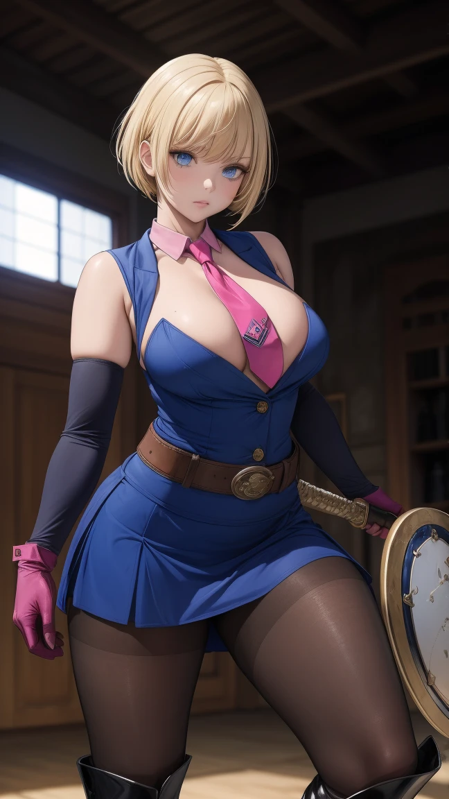 1girl, solo, short hair, blue eyes, skirt, blonde hair, gloves, weapon, pantyhose, boots, necktie, elbow gloves, belt, sword, shield, pink necktie