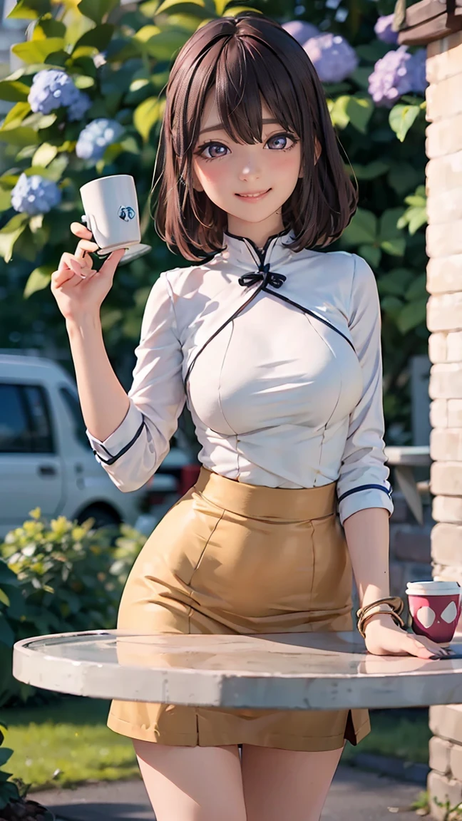 ((((highest quality)))), (((Ultra-precision CG 16K))), (((masterpiece))), (((Very detailed))), (((Extremely detailed))), (((Black outline:1.3, Written boundary depth:1.3 , Written soft outline))), Blur, Bokeh, Maximum clarity and sharpness,Multilayer Texture, Surface Shading, Cinematic lighting, Beautiful details sparkle ,Perfect Proportions, BREAK breast enlarged, large Breasts, rocket breasts, slender waist, (blush, smiling:1.3,) BREAK ((tight-bodysuit-dress with side slits:1.3, mini skirt), impossible-cloth:1.3, BREAK (Stretching-upwards:1.3, stick breast out),( a girl relaxing in a cafe:1.3, book and coffee cup on table, sunny outdoors,:1.3 , from side, from below, looking at friends , bust up, cowboy shot), Hydrangea, fubuki