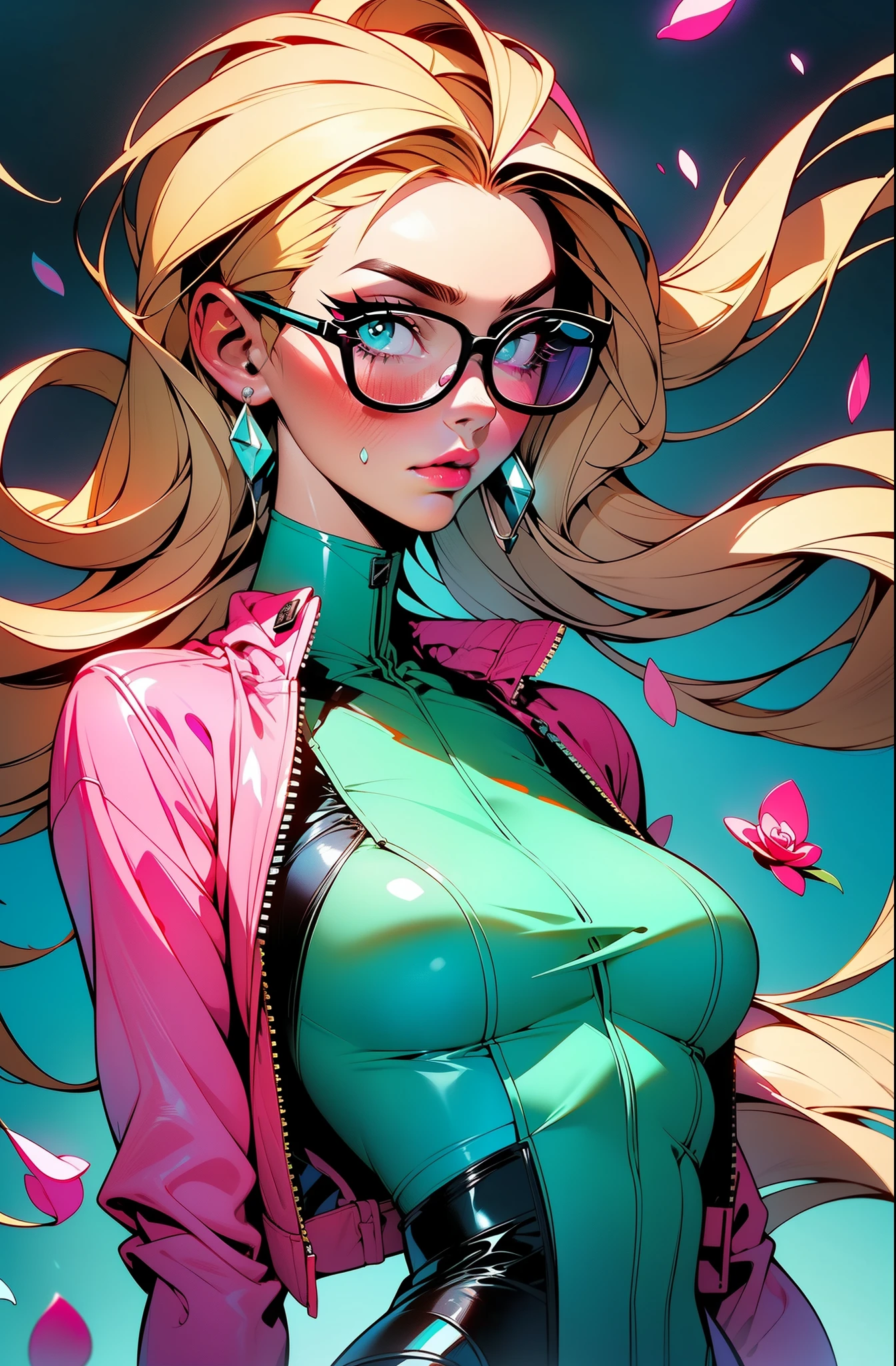 cyberpunk female woman wearing (Rose Quartz Pink Denim Jacket with chromatic accents:1.1), sleek full bodysuit, wearing sharp retro glasses, (Petal Blush,Lagoon Blue color background:1.3), art style of Patrick Nagel