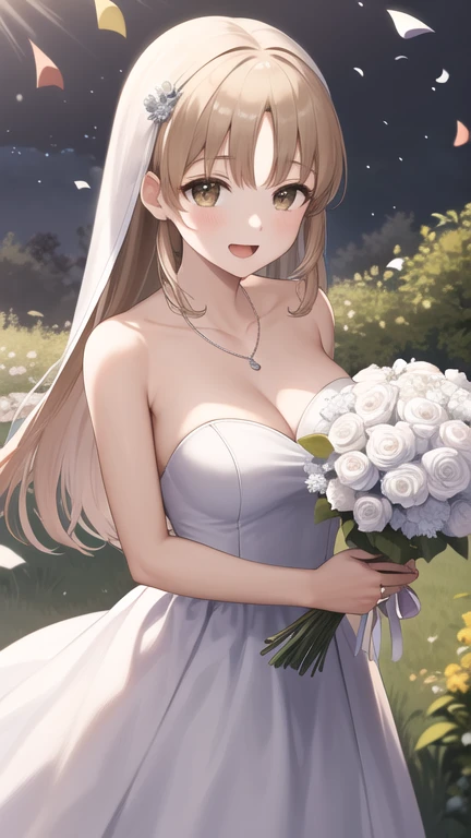 masterpiece, best quality, highres, aasister, long hair, wedding dress, white dress, necklace, strapless, cleavage, garden, standing, cowboy shot, holding bouquet, smile, open mouth, confetti,