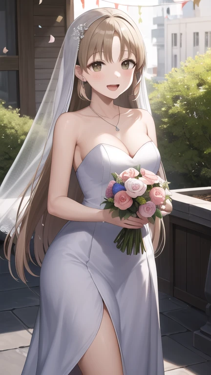 masterpiece, best quality, highres, aasister, long hair, wedding dress, white dress, necklace, strapless, cleavage, garden, standing, cowboy shot, holding bouquet, smile, open mouth, confetti,