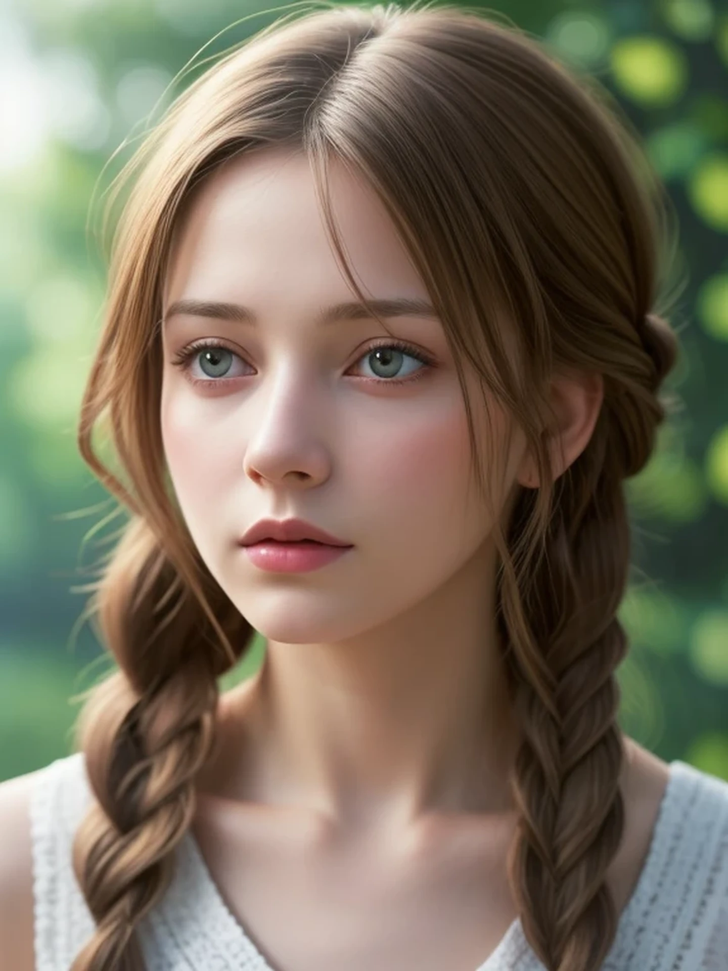 (looking away:1.4), (upper body shot:1.2), Realistic digital painting of a woman portrait, Shy,  Cute, open mouth to say something, sad, blue eyes,  (braid hair:1.1), (light brown brunette hair:1.3), (Highly detailed skin:1.2), Mystical style, Global Illumination,