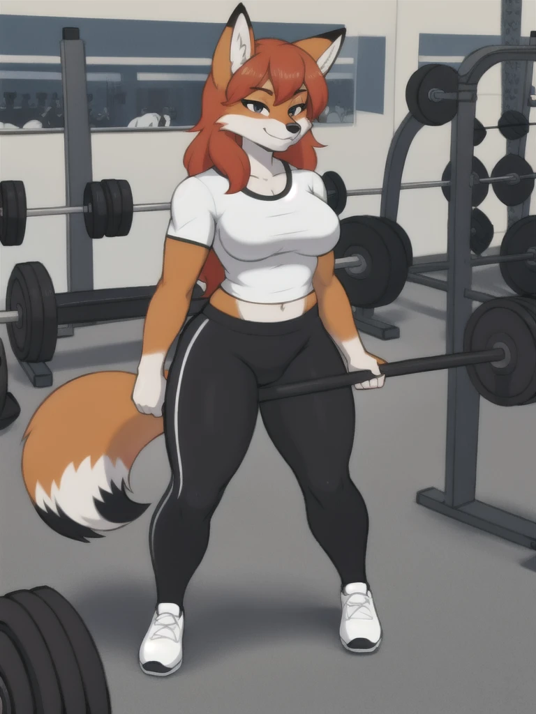 Furry, fox, female, white shirt, black leggings, shoes, gym, teen, full body