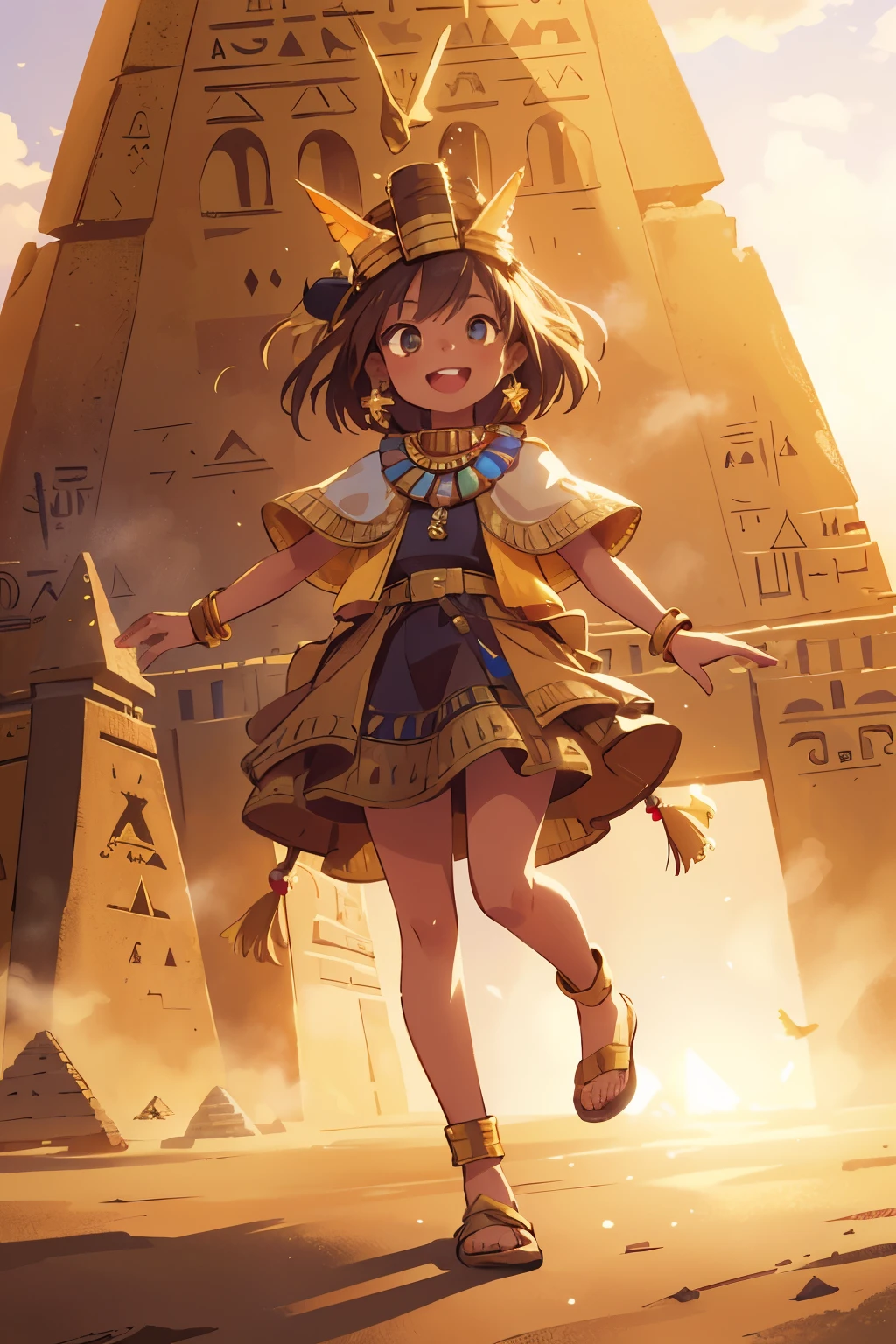 a young girl visiting the egyptian pyramids, smiling, adventurous style, energetic, highly detailed, photorealistic, 8k, hyperrealistic, extremely detailed, cinematic lighting, warm color tones, dramatic shadows, ornate jewelry, intricate clothing details, confident pose, dynamic composition, golden hour lighting, volumetric fog, atmospheric haze