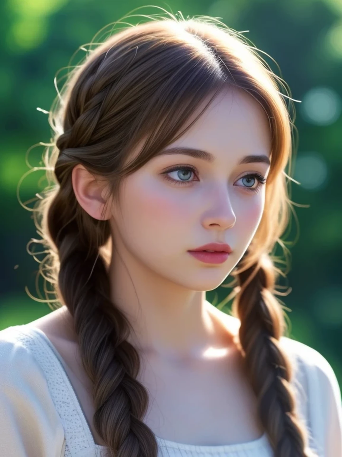 (looking away:1.4), (upper body shot:1.2), Realistic digital painting of a woman portrait, Shy, Cute, open mouth to say something, sad, blue eyes, (braid hair:1.1), (light brown brunette hair:1.3), (Highly detailed skin:1.2), Mystical style, Global Illumination,
