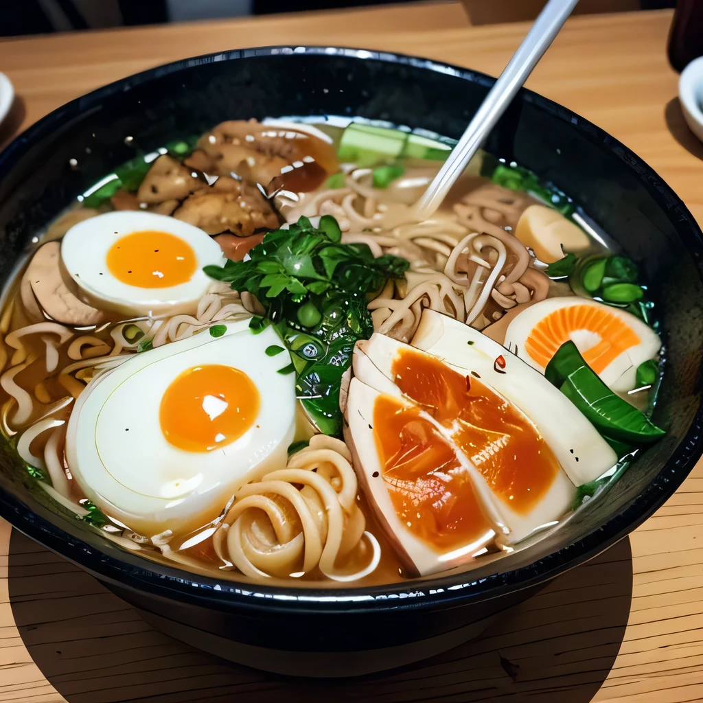 8K, ultra detailed, (realistic:1.2), masterpiece, (Ramen with heaps of vegetables on top:1.2) ,BREAK Ramen restaurant