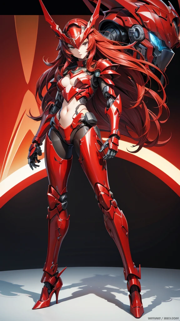 Red long-haired female robot，helmet，Full body red armor，mechanical joint，Chest，fit，Thin legs，high heels，front