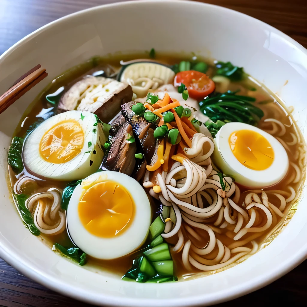 8K, ultra detailed, (realistic:1.2), masterpiece, (Ramen with heaps of vegetables on top:1.2) ,BREAK Ramen restaurant,(close up)