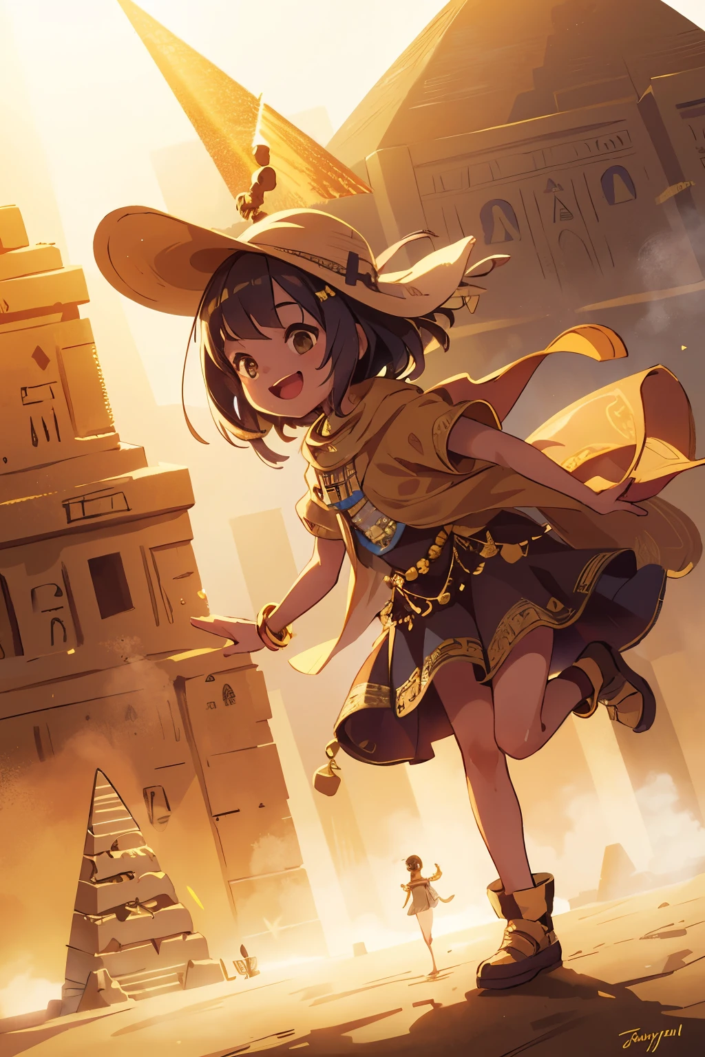 a young girl visiting the egyptian pyramids, smiling, adventurous style, energetic, highly detailed, photorealistic, 8k, hyperrealistic, extremely detailed, cinematic lighting, warm color tones, dramatic shadows, ornate jewelry, intricate clothing details, confident pose, dynamic composition, golden hour lighting, volumetric fog, atmospheric haze