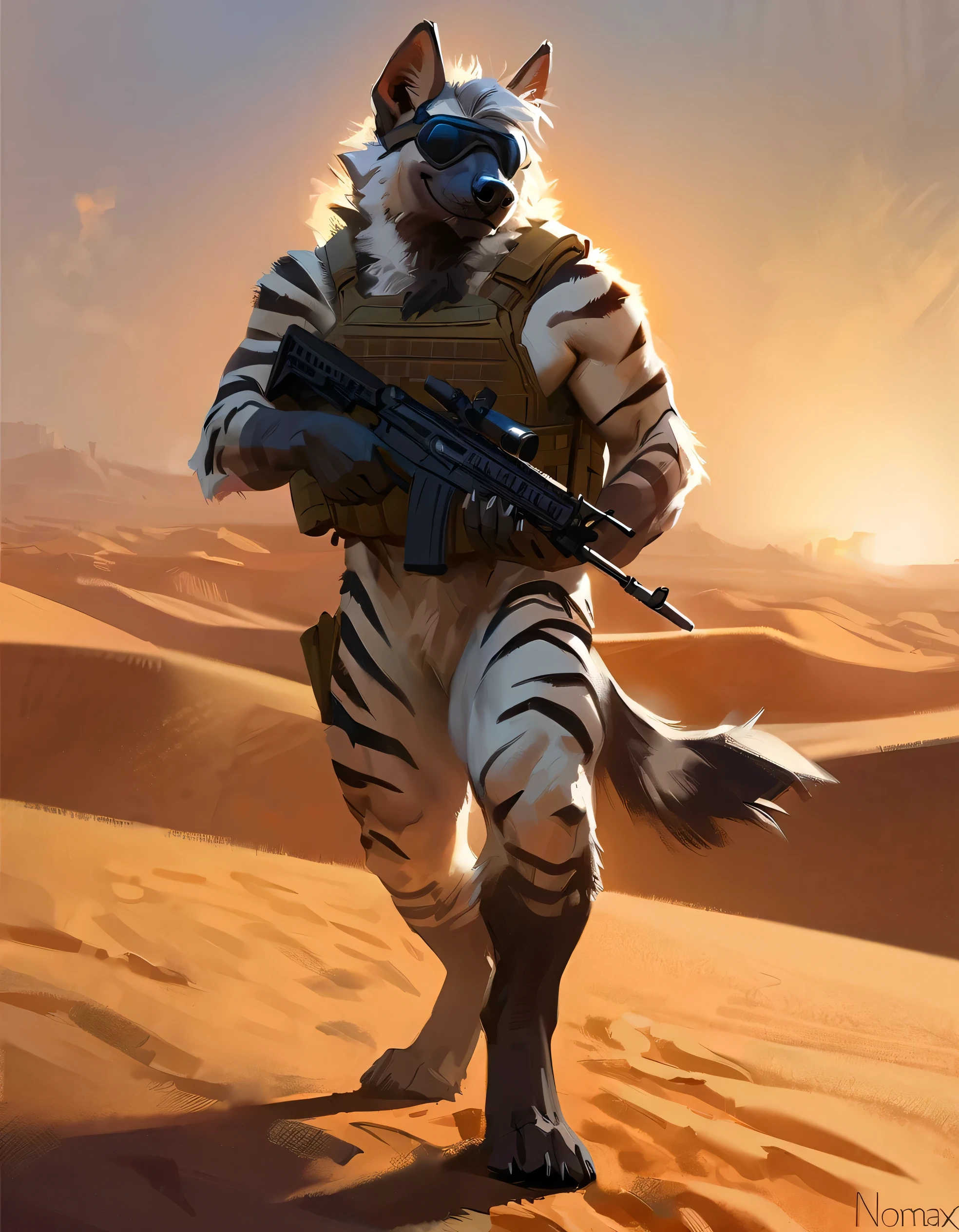 (striped hyena), (solo), male, anthro, (by nomax), (tail:1.3), (perfect hands), ((smug expression)), ((intricate detailed background, sahara desert background, dusk)), powerful silhouette, mysterious shadows), realistic shading, (epic, masterpiece, high quality, 8k, ultra HD, absurd res, top quality, best quality, max quality, masterpiece), ((thick fur, gray fur, beefy)), striped hyena tail, correct anatomy:1.2, ((mature male)), sexy, (standing, looking at viewer), wearing bulletproof vest, ((((wearing tactical doggles)))), naked,