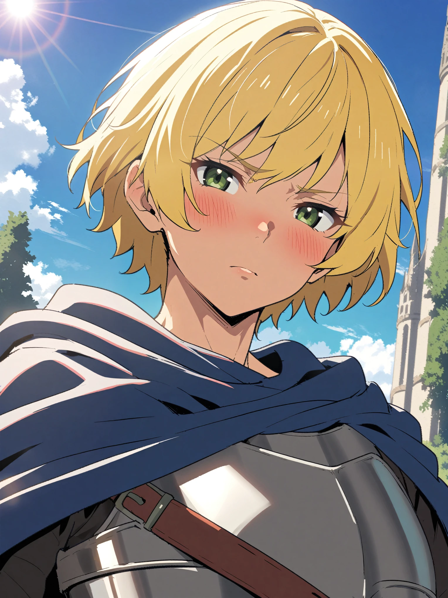 {{portrait, dutch angle, face focus}} {{Artist: Sincos}} 1 woman, muscular female, mature female, androgynous, tomboy, blush, blonde hair, very short hair, bob cut, green eyes, plate armor, flat chest, blue cloth, blue cloak, leather belt, palace gardens, looking at viewer, sky background, clouds, sunshine, medieval fantasy.