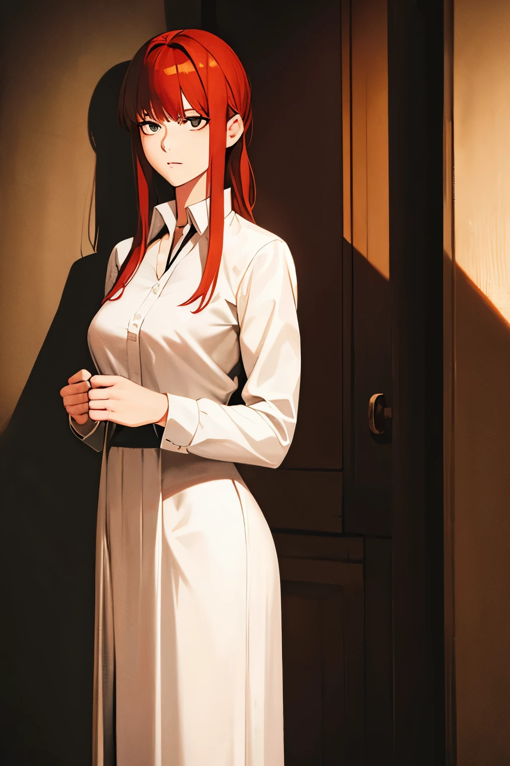 Makima from Chainsaw Man, depicted in a realistic style. She is a woman with long red hair and bangs, wearing a white dress shirt, black pants, and a black tie. She has a calm and composed expression, standing in a confident pose. The background is dark and eerie, with a realistic urban setting, perhaps with dim streetlights and shadows. The atmosphere is intense and dramatic, capturing her character's complexity and power in a realistic manner.