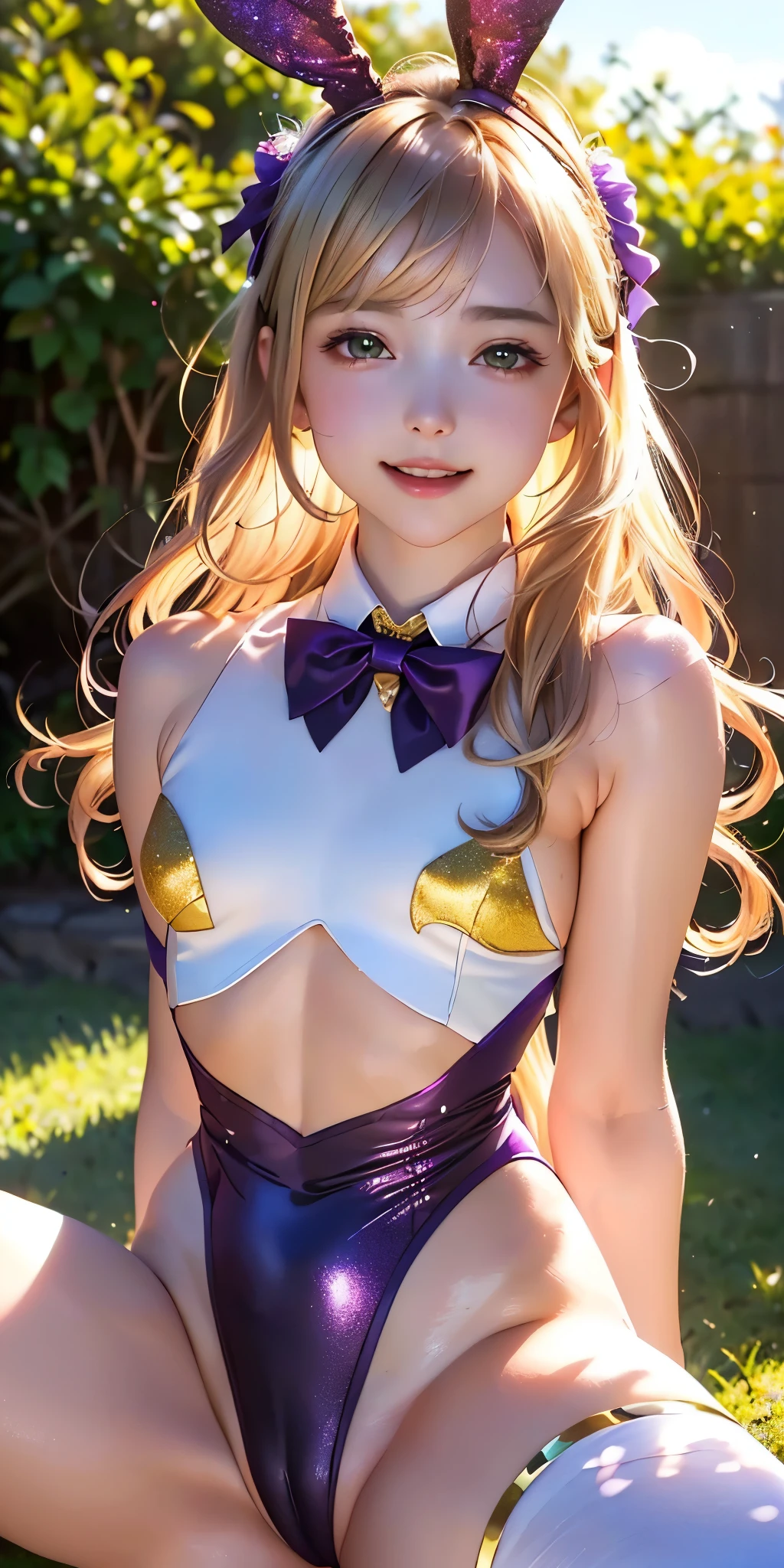 masterpiece, best quality, extremely detailed CG unity 8k wallpaper,((Upper Body)) ,((Upper Body head close-up shot of a beautiful  girl)), , Elegant Long straight blonde hair, (Mckenna Grace), ((flat chest,thighs,Black Skin,)), (purple-green) golden (Glittering tutu,long Bunny Ear Headgear, , Bow-tie, No panties, genitals visible), ((spread legs)),(), (Blush), oil skin, (seductive smile), (outdoors), pretty face, key art, award winning, intricate detail realism hdr, by (ruan jia and artgerm and range murata), Photorealism, Hyperrealism, ultra realistic, dramatic light, intense shadows, gorgeous view, depth of field