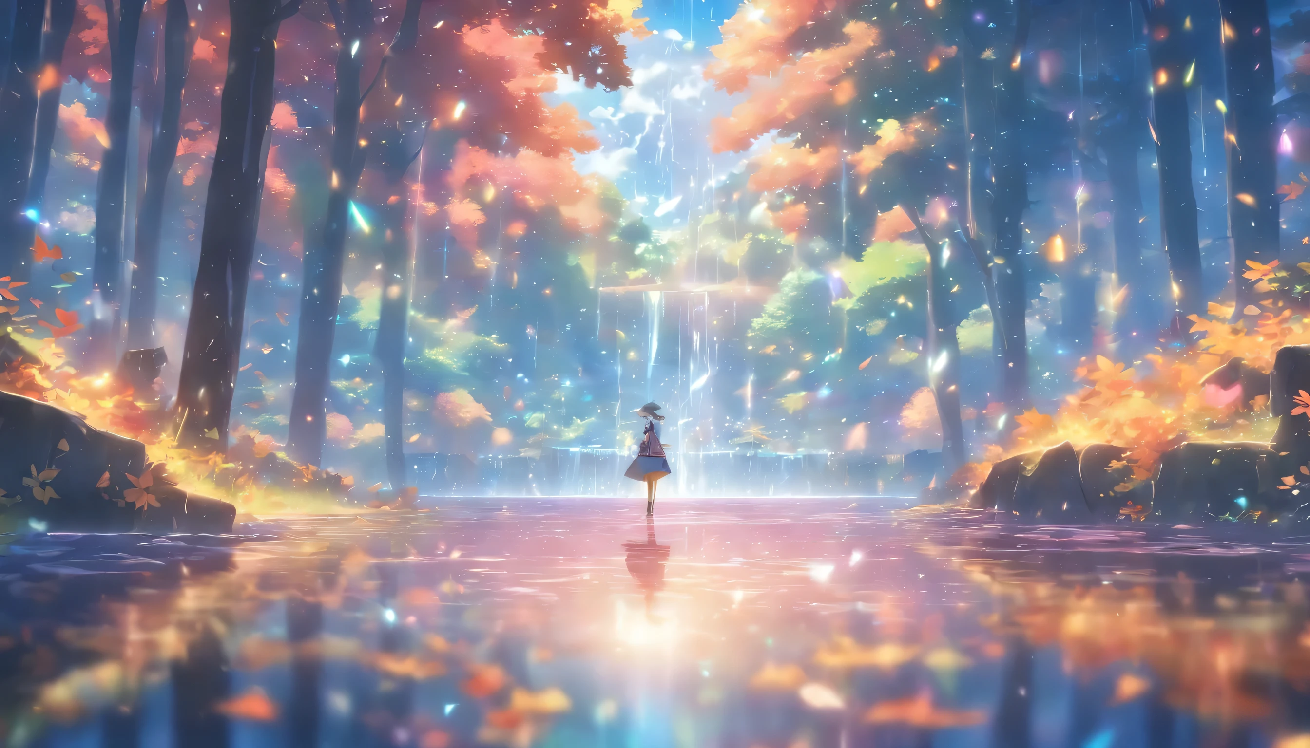 ((Transparent Prism))、((A large, shining sea of trees))、Super beautiful light、((Colorful light))、(A magnificent view of many autumn leaves)、(((A spectacular natural backdrop)))8k,((cinematic light and shadow))、Countless lights、Transparent Prism、(((A scene from a movie)))、((Dazzling sunlight))、(((Rainbow light)))、((There are many different colors mixed together.))、((blue sky))、(((Prismatic Forest)))、Reflective Landscape、(((after the rain)))、(((Fallen leaves flying in the air)))、((Rain-soaked fallen leaves))、(((Reflection in the lake)))、((Countless Drops))、