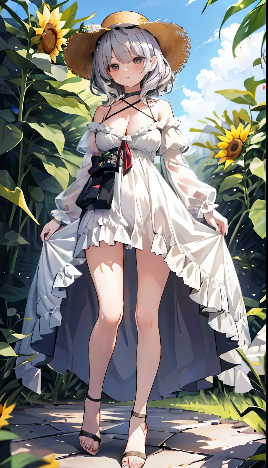 One Girl、Silver Hair、、positive、Standing posture、Full body portrait、Medium Haircut、blush、Absolute area、No panties、No bra、barefoot、White dress、Off-the-shoulder dress、（Very large breasts）、Cleavage、((Lesbians around the world))、masterpiece、（highest quality）、barefoot、((White high heels))、Bare your breasts、sunflower、Outdoor、Very short skirt、Thighs、Straw hat、((Exposing the breasts))、((Bare your breasts))、((Showing nipples))