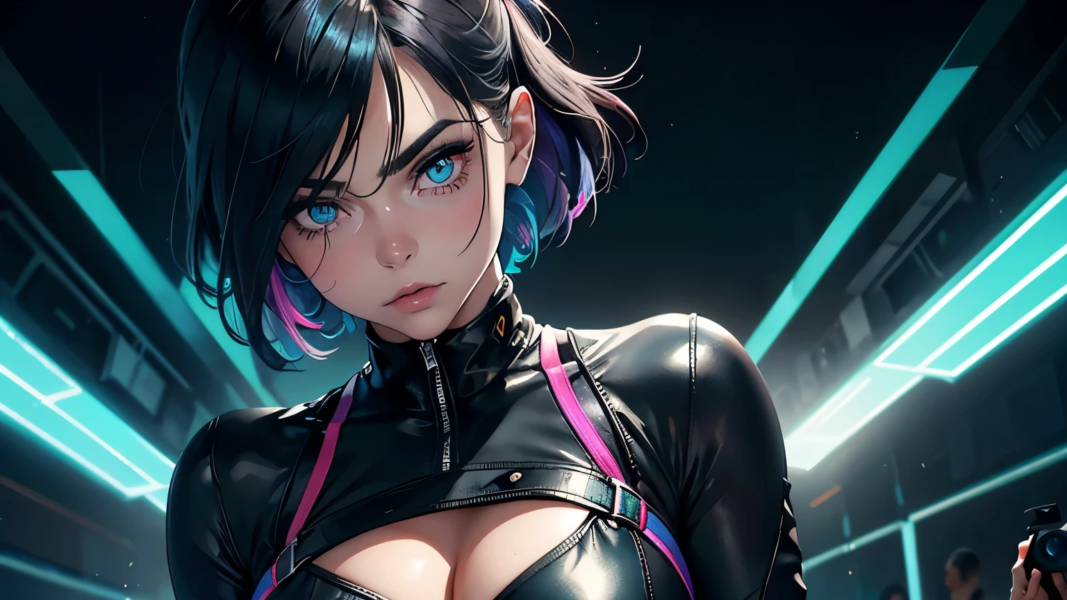 4k, A high resolution, Best quality at best, Obra de arte, cores perfeitas, sombra perfeita, Roupa perfeita, ((retrato esportivo)), 1 mulher, corpo em forma, Heterochromatic eyes,rosto de perto, cabelo azul escuro , olhos azuis, Com lentes redondas, The audience watched attentively, (cara: 1.2), figura feminina perfeita, ((dynamic pose em pé)), ((rainbow colored tight cropped top, meio peito, terno de couro colorido)), ((shy and looking at the viewer)), (Sobrancelhas brancas grossas e perfeitas) Pele delicada, Detailed cara, it's the perfect face, , (dynamic pose), fundo abstrato ciberpunk, ((Bonifasko Lighting)), (As lentes redondas em seus olhos)(olhos detalhados), Aluno perfeito, ((rosto de perto))