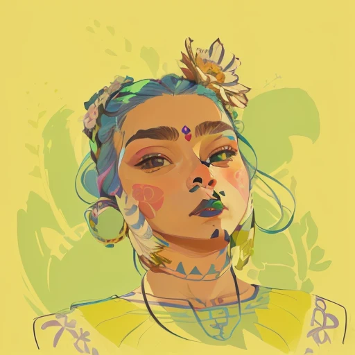 there is a drawing of a man with a flower in his hair, portrait in the style of craola, lofi portrait, stylized portrait, inspired by Kahlo, character portrait of me, digital drawing, color portrait, portrait illustration, in the art style of quetzecoatl, inspired by Frida Kahlo, girl with a flower head, kiki picasso style