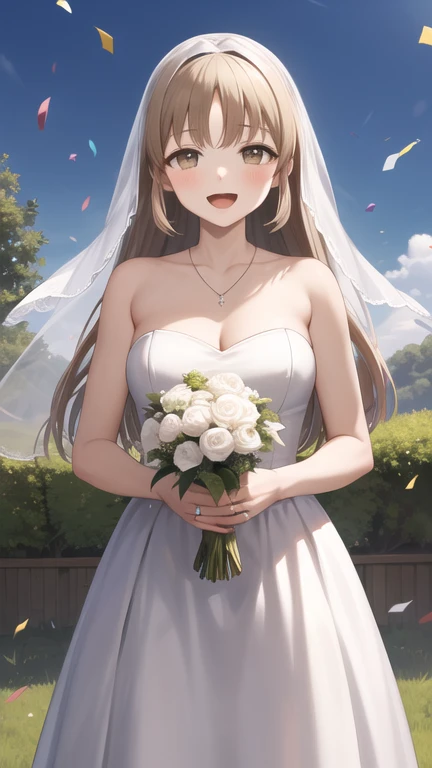 masterpiece, best quality, highres, aasister, long hair, wedding dress, white dress, necklace, strapless, cleavage, garden, standing, cowboy shot, holding bouquet, smile, open mouth, confetti,