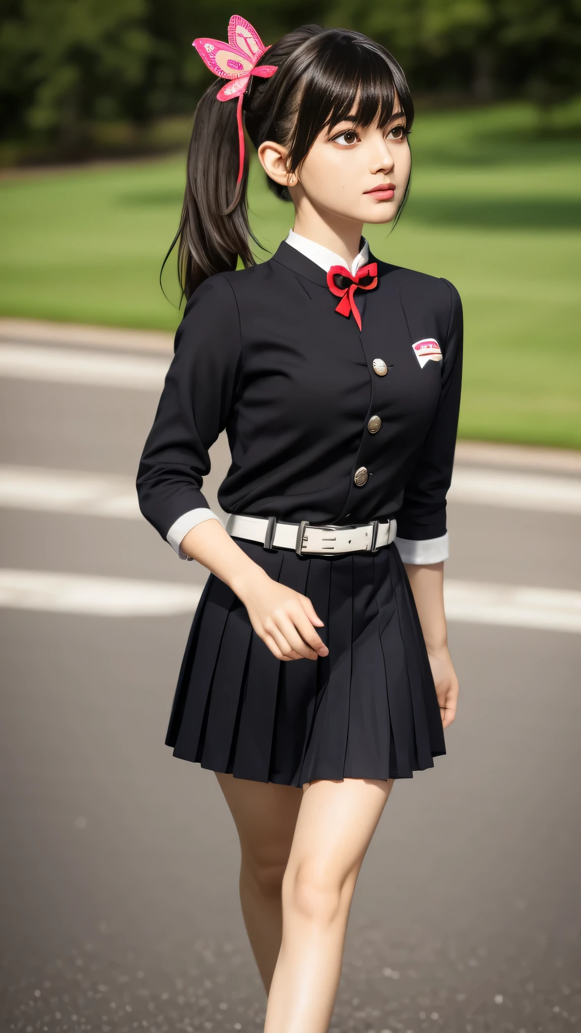 Ultra-realistic 8K CG,masterpiece,((Highly detailed background, Delicate pattern, Intricate details)),最high quality,very detailed face,Very detailed eyes and face,Extremely detailed Ultra-realistic 8K CG, masterpiece,, beauty, face sticking out, (Highly detailed background, Delicate pattern, Intricate details)), high quality, highly detailed face, Highly detailed eyes and face, Highly detailed eyes, One girl, kanao tsuyuri, (((Bangs Patsun,Side Ponytail, Side Ponytail))),(( Demon Slayer uniform:1.4)), ((Butterfly Hair Ornament)),( white belt), (Black jacket), (Pleated skirt), belt, (Black Skirt), knees, buckle, Sheathed, belt buckle, (Black Shirt:1.0), cloudy null, sunlight, Tyndall effect, slope_null, face, gorgeous null, standing, idle, looking at viewer
