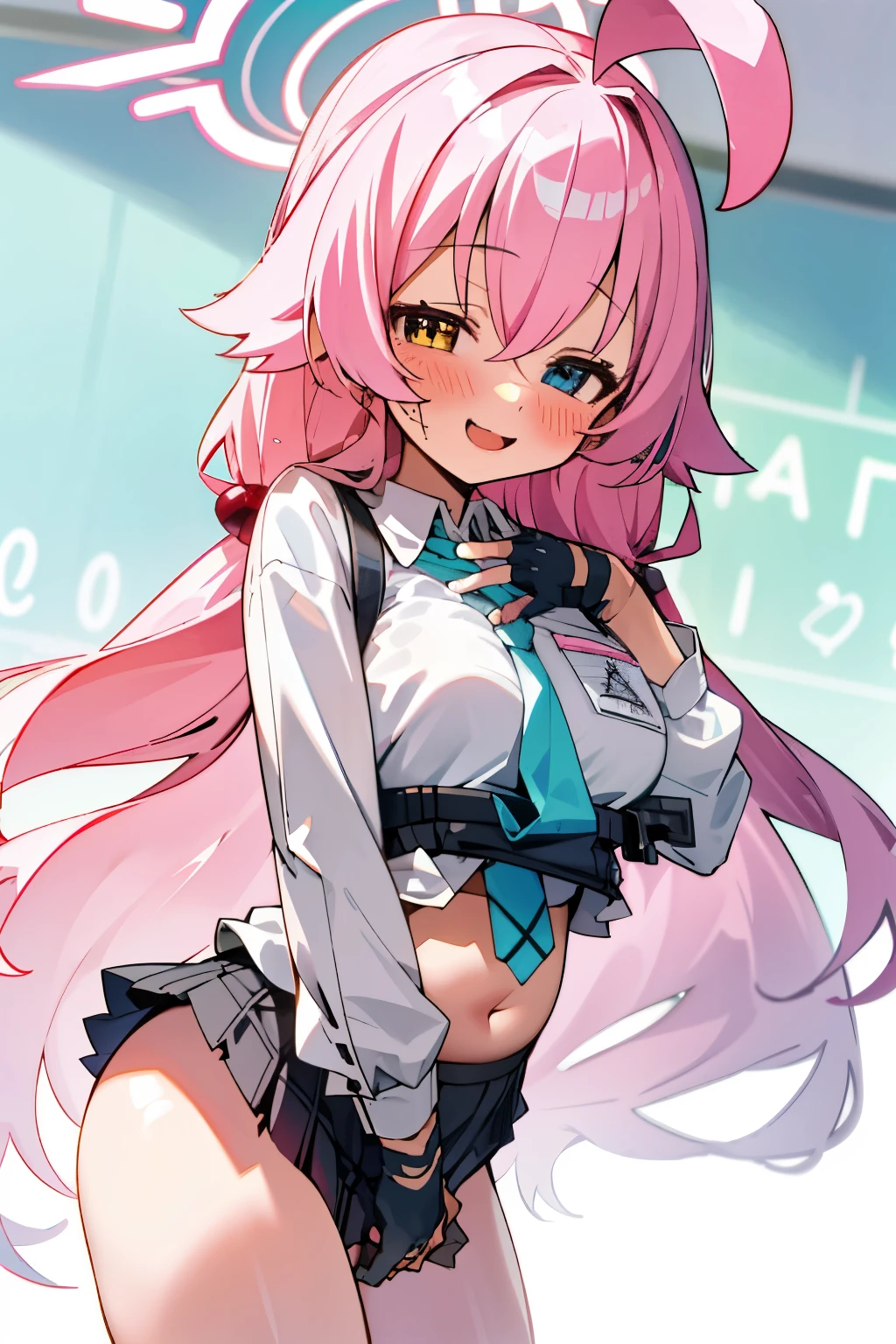 Hoshino (Blue archive), girl with long uniform hair, pink hair, looking to the camera, happy face, blushing, big breast, visible bra, classroom, best quality, high quality, big breast, big ass, big hips