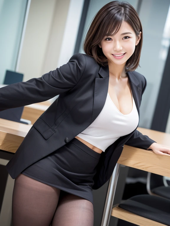 Pure Japanese young girl, outstanding body, beautiful legs, wearing office suits, (pantyhose), high heels, vivid makeup, arranged black hair styles, lift up skirt, spread wide legs, sexual smile, secret temptation, professional portrait photography, sitting in soft light, 