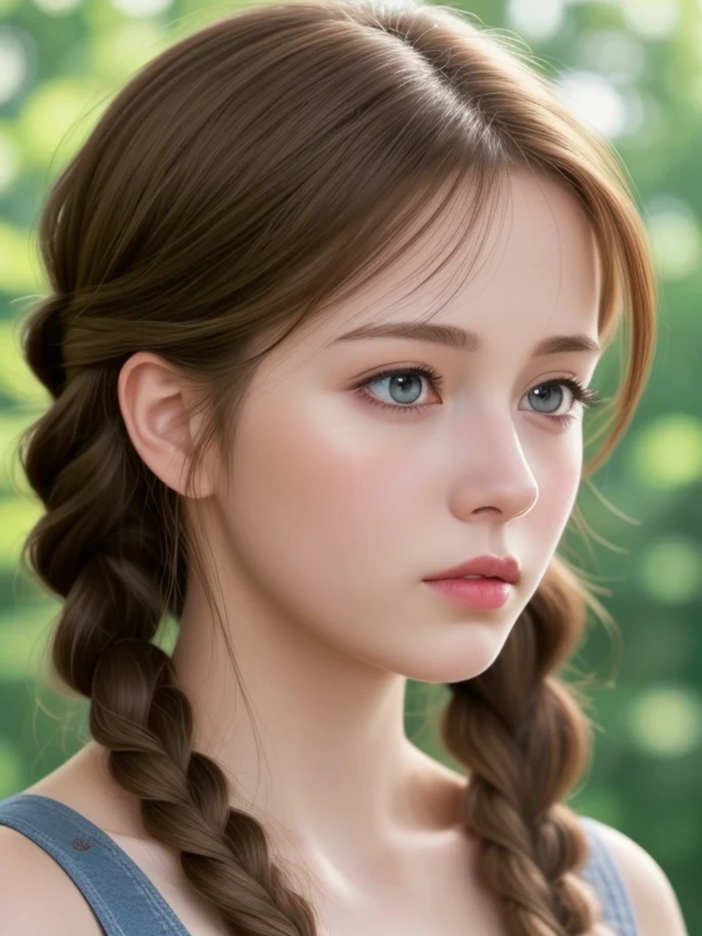 (looking away:1.4), (upper body shot:1.2), Realistic digital painting of a woman portrait, Shy,  Cute, open mouth to say something, sad, blue eyes,  (braid hair:1.1), (light brown brunette hair:1.3), (Highly detailed skin:1.2), Mystical style, Global Illumination,